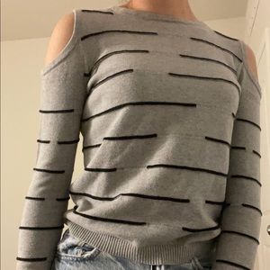 Open Shoulder Striped Grey Crew-Neck
